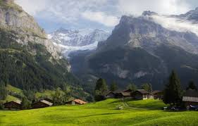 Alpine village with green meadows and mountains in Austria